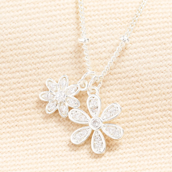 Double Flower Charm Necklace in Silver