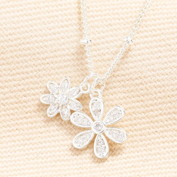 Double Flower Charm Necklace in Silver
