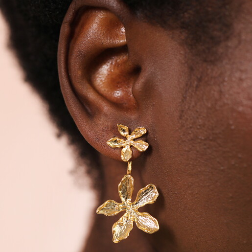Gold Double Flower Drop Stud Earrings With a Textured Finish