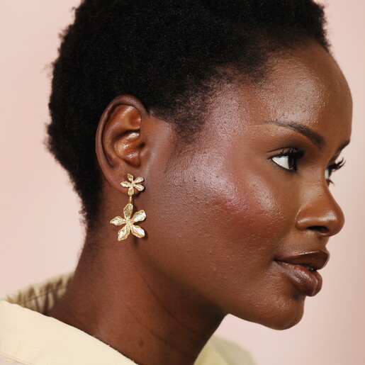 Gold Double Flower Drop Stud Earrings With a Textured Finish