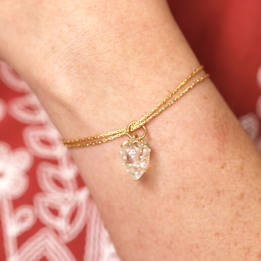 Double Layer Strawberry Charm Bracelet in Gold Close Up On Model