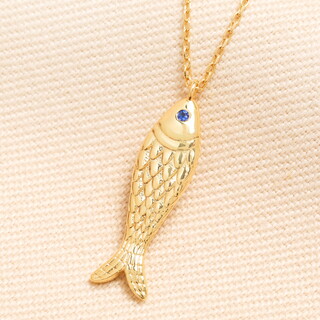 Blue Crystal Fish Pendant Necklace in Gold