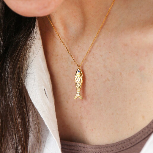 Model Wearing Sardine Fish Pendant Necklace