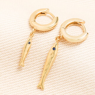 Blue Crystal Hammered Fish Huggie Hoop Earrings in Gold