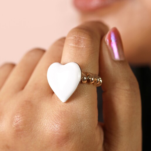 Oversized White Enamel Heart Ring in Gold
