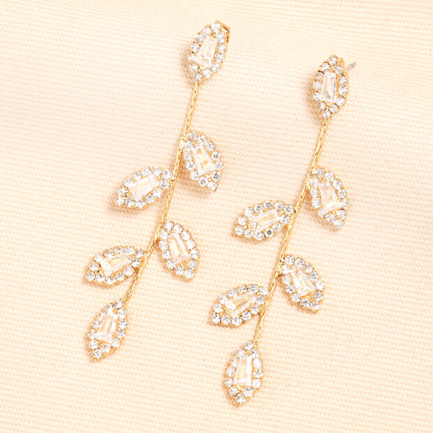 Crystal Leaf Drop Earrings in Gold