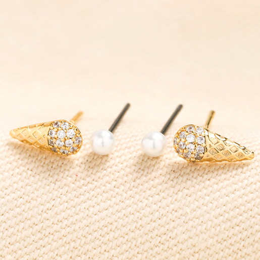 Tiny Stud Earrings With Ice Cream Cones and Pearls in Gold