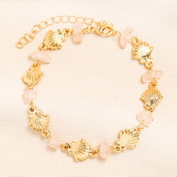 Semi Precious Pink Clam Charm Bracelet in Gold