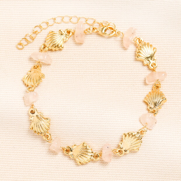 Semi Precious Pink Clam Charm Bracelet in Gold