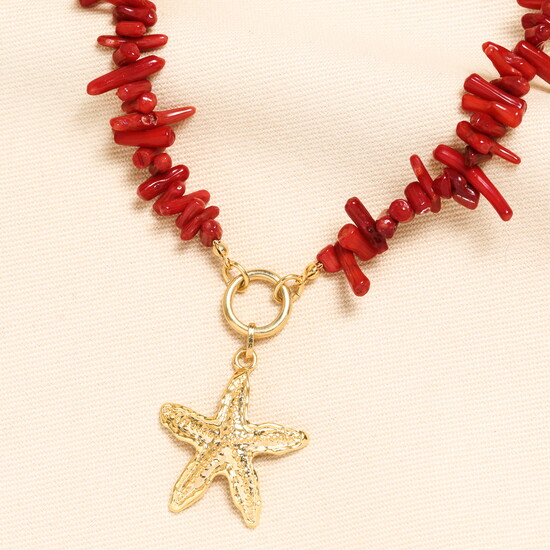 Red Coral Chunky Starfish Pendant Necklace in Gold
