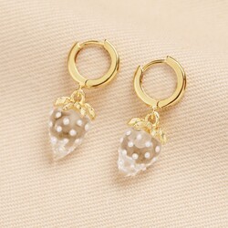 Glass Strawberry Charm Hoop Earrings in Gold