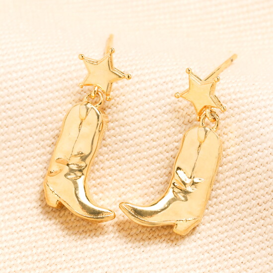 Star Cowgirl Boot Drop Stud Earrings in Gold