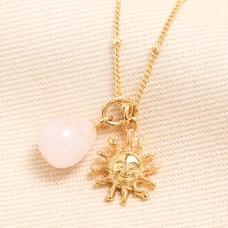 Rose Quartz and Sun Pendant Necklace in Gold