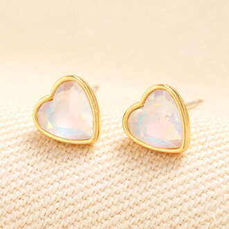 Iridescent White Gem Heart Stud Earrings in Gold