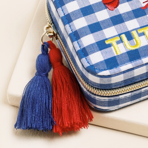 red and blue zip tassles