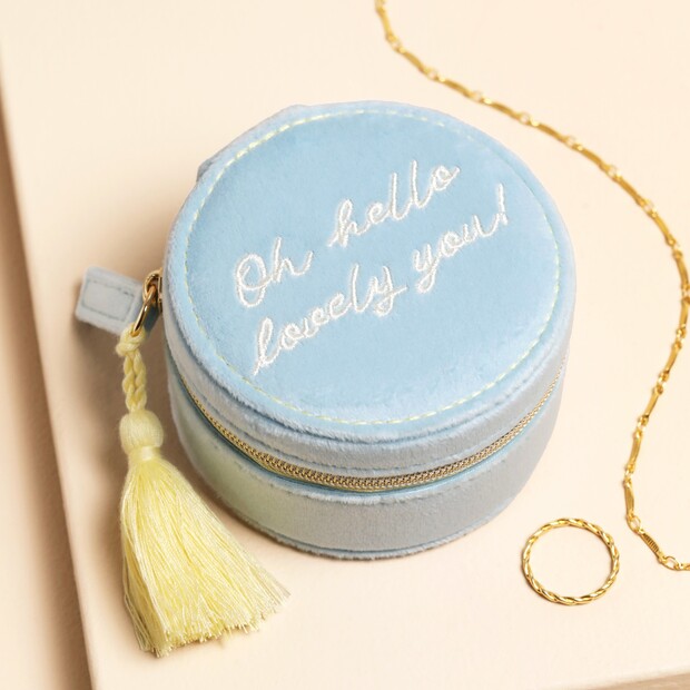 Blue Hello Lovely You Mini Round Travel Jewellery Case