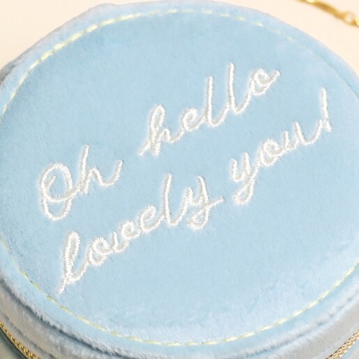 close up of text on round travel case