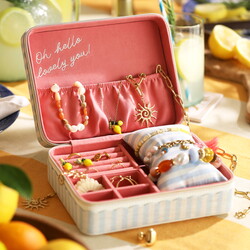 Blue Striped Linen Rectangular Travel Jewellery Case