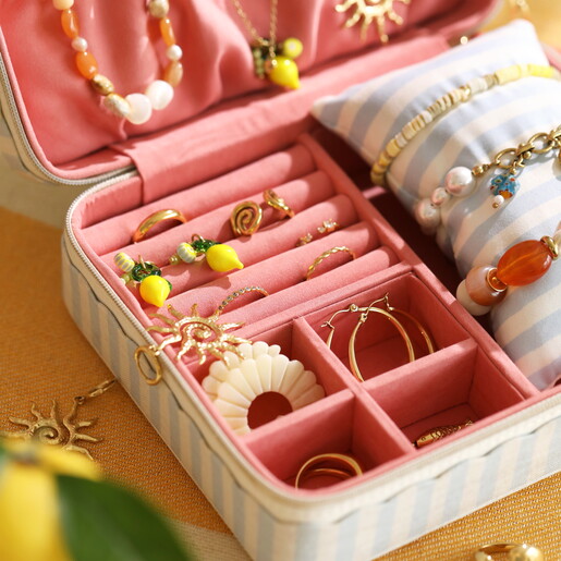 linen jewellery case in blue and white striped design