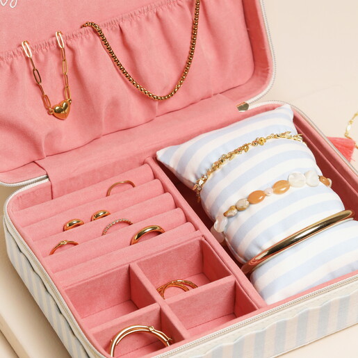 blue and white striped jewellery case