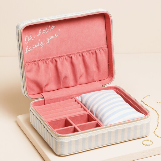 linen jewellery case in blue and white striped design