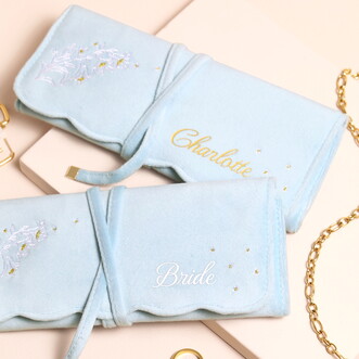 Personalised Blue Floral Embroidered Velvet Jewellery Roll