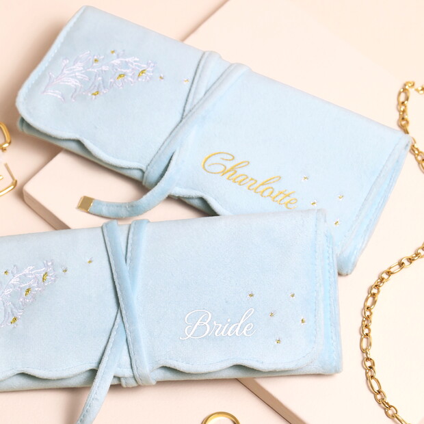 Personalised Blue Floral Embroidered Velvet Jewellery Roll