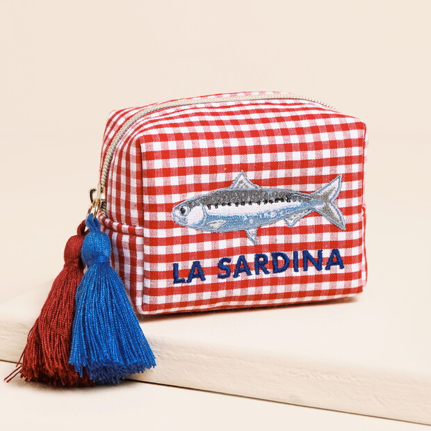 Red and White Gingham Fish Embroidery Pouch