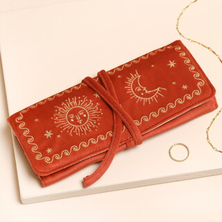 Rust Celestial Embroidered Velvet Jewellery Roll