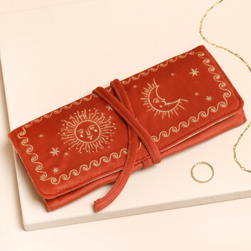 Rust Celestial Embroidered Velvet Jewellery Roll