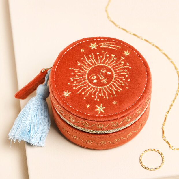 Rust Celestial Velvet Mini Round Travel Jewellery Case