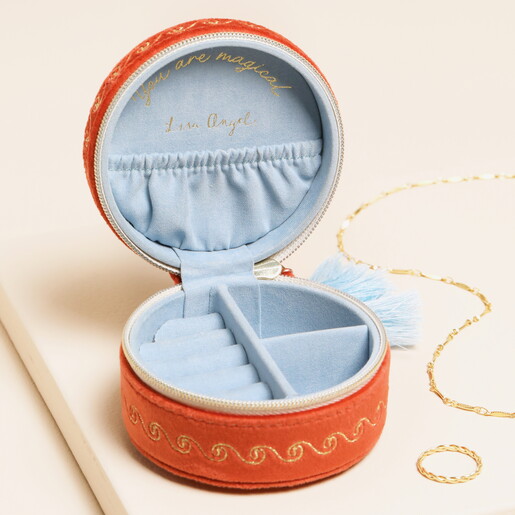 inside of rust travel jewellery case