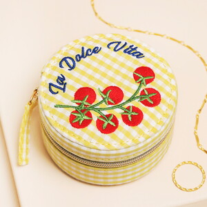 Yellow Gingham and Tomato Embroidery Round Travel Jewellery Case 