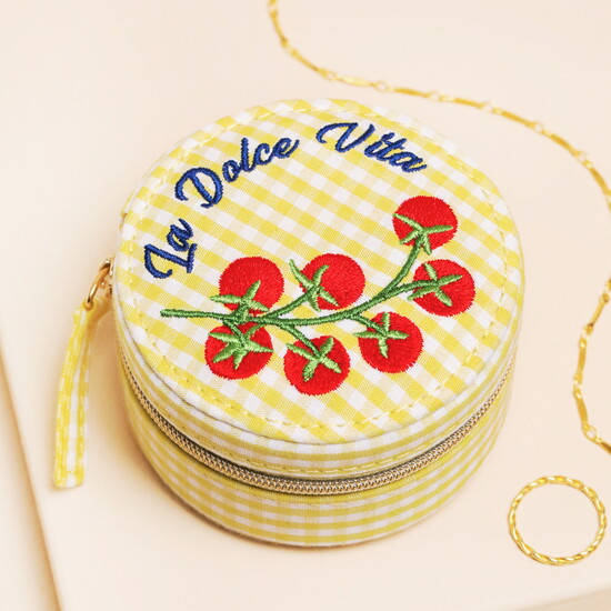 Yellow Gingham and Tomato Embroidery Round Travel Jewellery Case 
