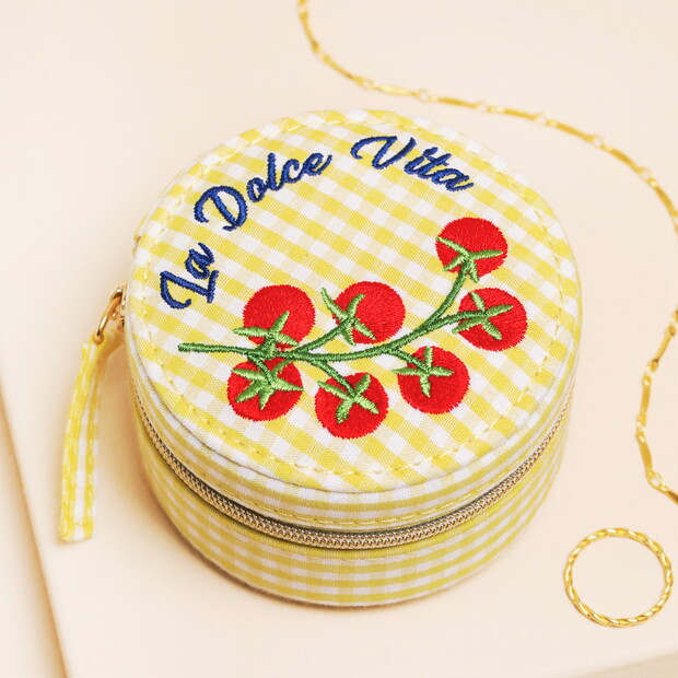Yellow Gingham and Tomato Embroidery Round Travel Jewellery Case 