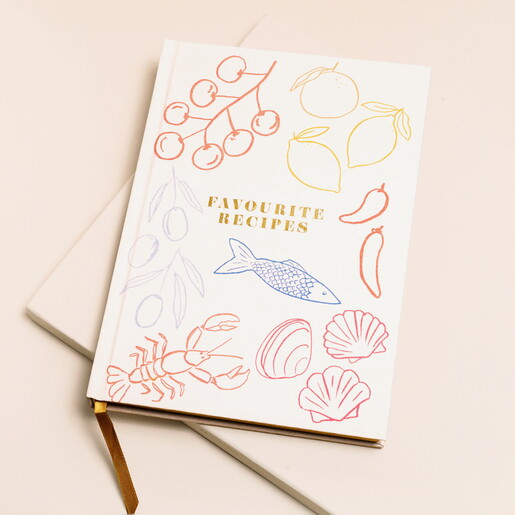 A Cream Bound Journal with a Medi Inspired Food Print in Various Colours