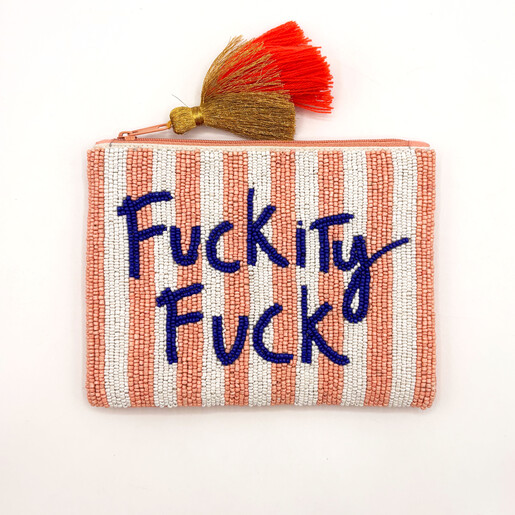 beaded pouch with playful text