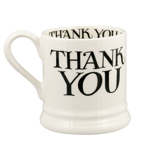 ceramic mug with black thank you design