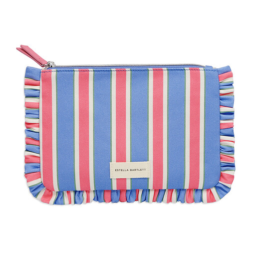 blue and red striped makeup pouch