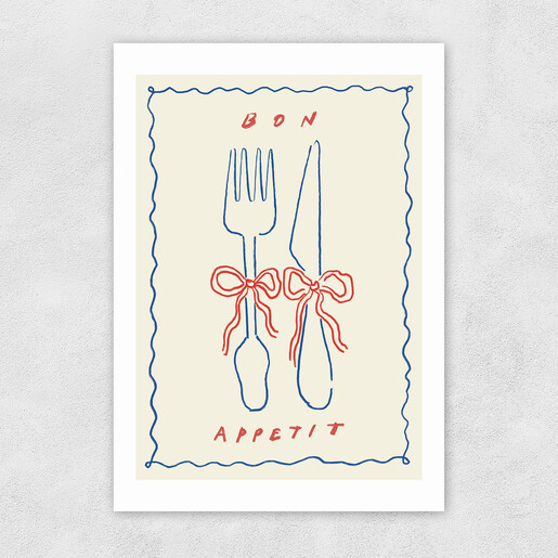 an A3 design from East End Prints in blue and red with a beige background