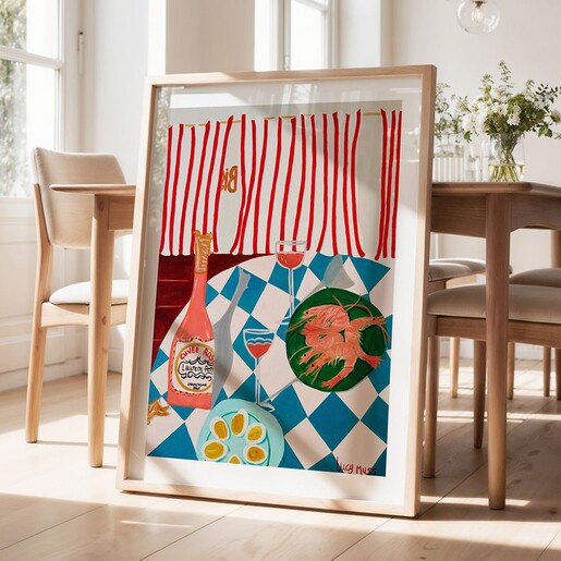 A shrimp and champagne A3 print from East End Print