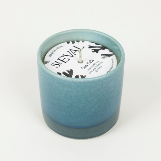 st eval wax candle in a blue ceramic pot