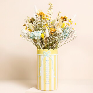 Yellow Stripe Ceramic Scallop Edge Bow Mum Vase