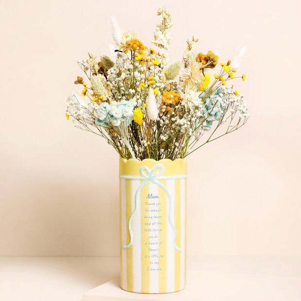 Yellow Stripe Ceramic Scallop Edge Bow Mum Vase
