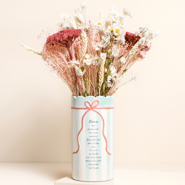 Blue Stripe Ceramic Scallop Edge Bow Nana Vase