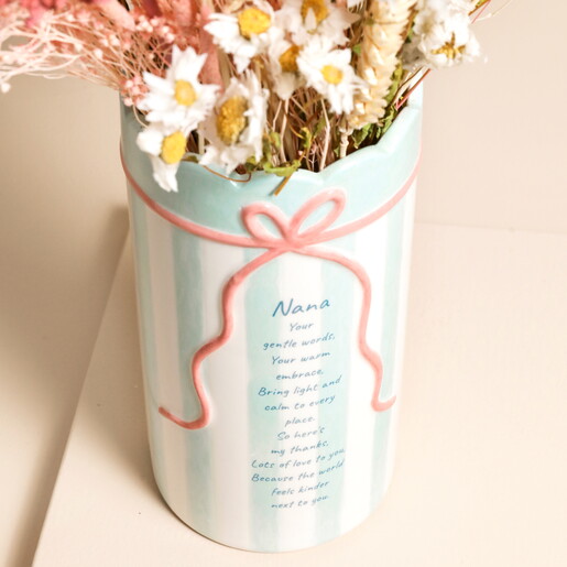 Blue Stripe Ceramic Scallop Edge Bow Nana Vase