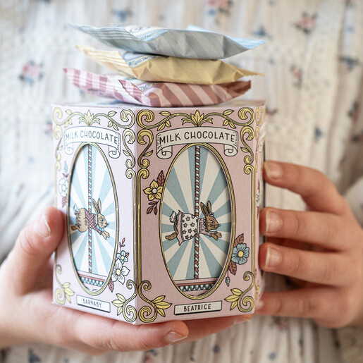 carousel packaging with rabbits and white and blue stripes