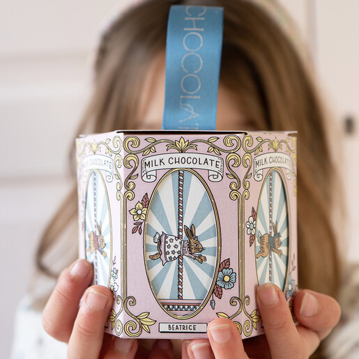 close up of carousel packaging with rabbits and white and blue stripes