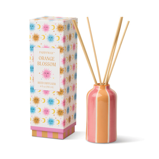 A Pink and Orange Painted Ceramic Vase with Natural Diffuser Sticks and a Giftable Sun Printed Box