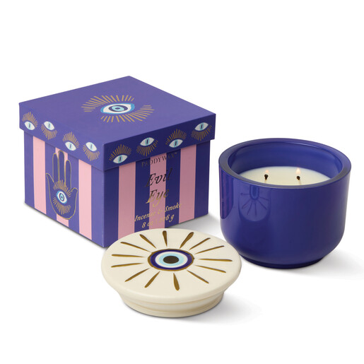 Blue Jar Candle with Evil Eye Lid and Stripy Gift Box